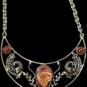Silver Necklace/Red, Yellow,Orange,Oval Birds Eye Jasper Necklace. Peacock Motif